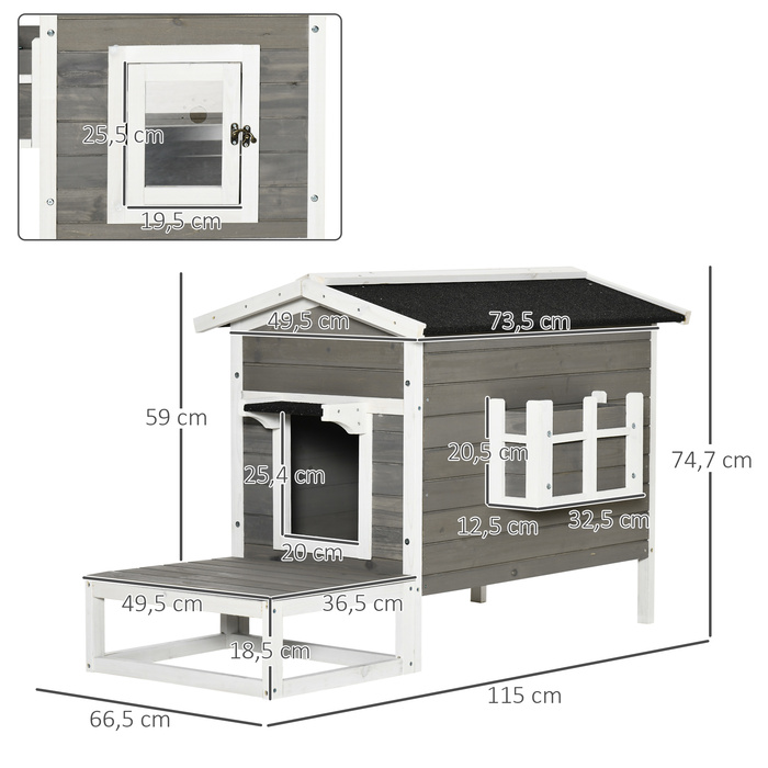 PawHut Cat House Будиночок для кішок з терасою та балконом для котів та собак, ялина Сірий та Білий, 115 x 66.5 x 74.7 см