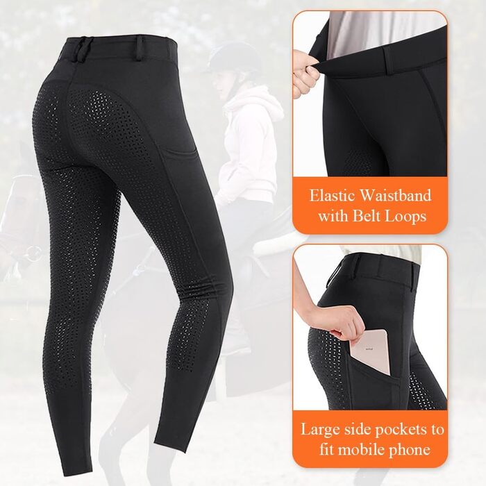 Легінси для верхової їзди жіночі HOTUT з силіконовим покриттям, висока талія, кишеня для телефону та петлі для ременя