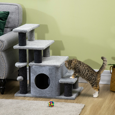 PawHut Pet Stairs 3/4-ступінчасті сходинки для кішок зі спальним місцем та ігровим м'ячем, плюшевий чохол, міцна ДСП для котів