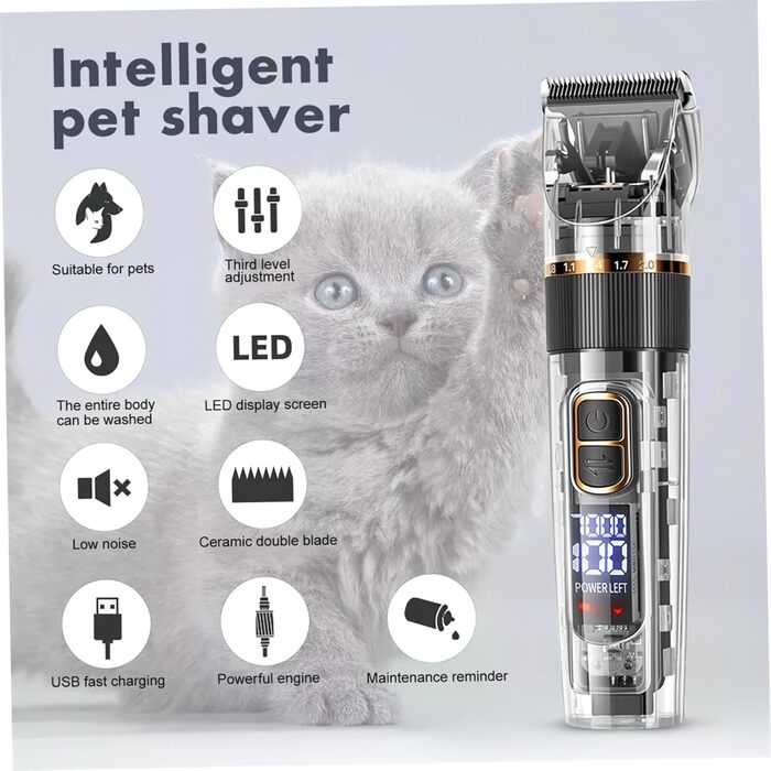 HEMOTON Набір для стрижки тварин: бездротова машинка для собак та котів з LCD-дисплеєм, тиха, миється, акумуляторна