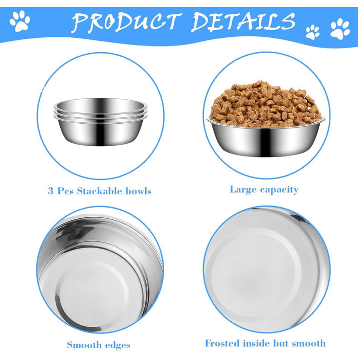 Набір мисок для котів з нержавіючої сталі, 3 шт. Підвищені миски для котів, цуценят та тварин, миски для корму та води