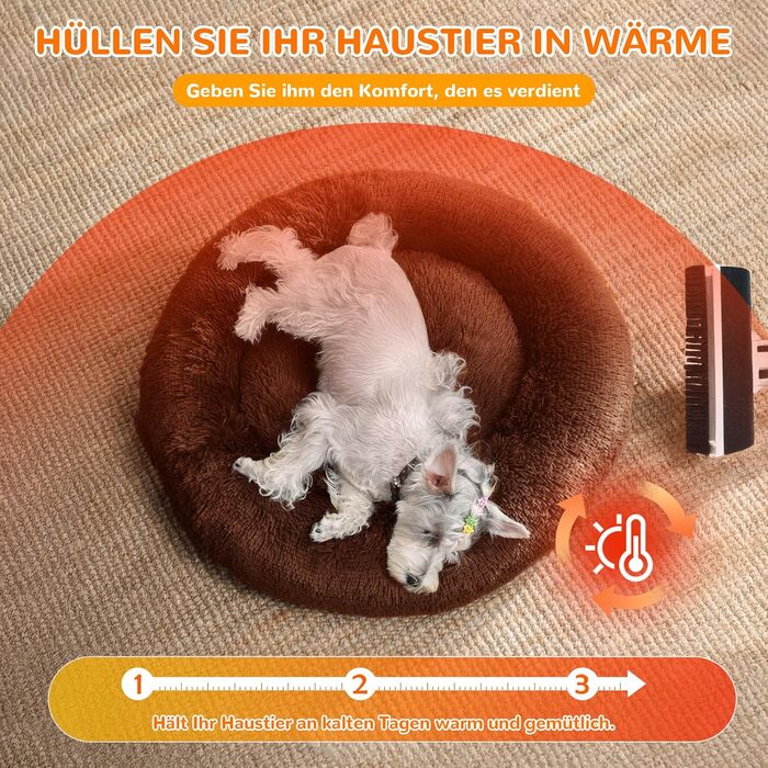 ALLSOPETS заспокійливе ліжко для собак і котів, м'яке плюшеве кругле, для малих і середніх порід, знімний чохол, протиковзка основа, темно-коричневе, 70 см