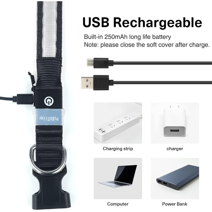 LED нашийник для собак з підсвічуванням, вологостійкий, 7 кольорів, регульований, чорний, 8 режимів, розмір M (38-50 см)