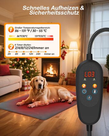 Кішечковий матрац з підігрівом для котів та собак, 6 температурних режимів, таймер 24 год, LED дисплей, безпечний, бічний кабель, 60x90 см, сірий