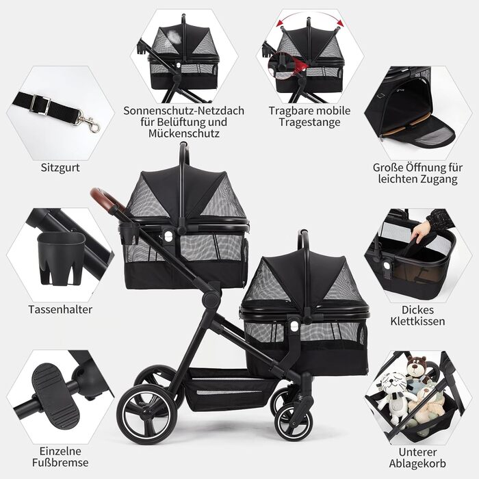 Візок для собак Zstar: двомісний, чорний, складний, з сумками для тварин (до 15 кг кожна)