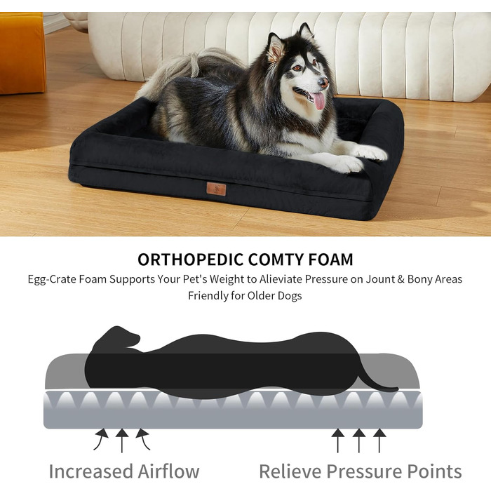 Ортопедичний лежак для собак великих порід, чорний, водонепроникний, знімний чохол, бортик по периметру, неслизьке дно, 114 x 89 x 19 см