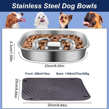 Антишвидковідхарчувальний напувалка для собак, нержавіюча сталь, Slow Feeder, з антиковзним силіконовим килимком, миска для корму для собак великих та малих порід, котів