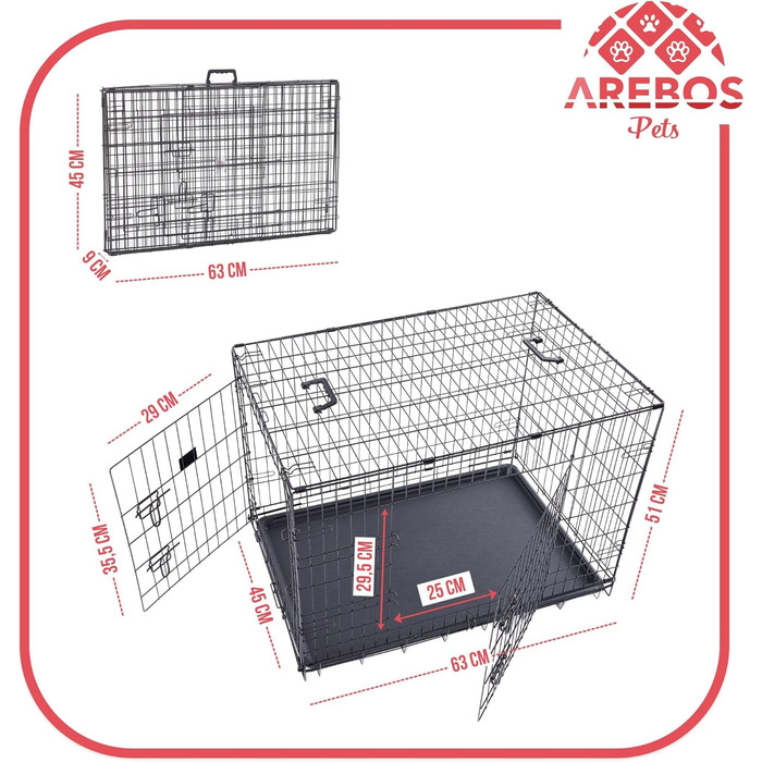Складаний металевий вольєр для собак AREBOS 63x45x51 см, чорний, для авто та дому, з 2 дверима, з ковдрою і мискою