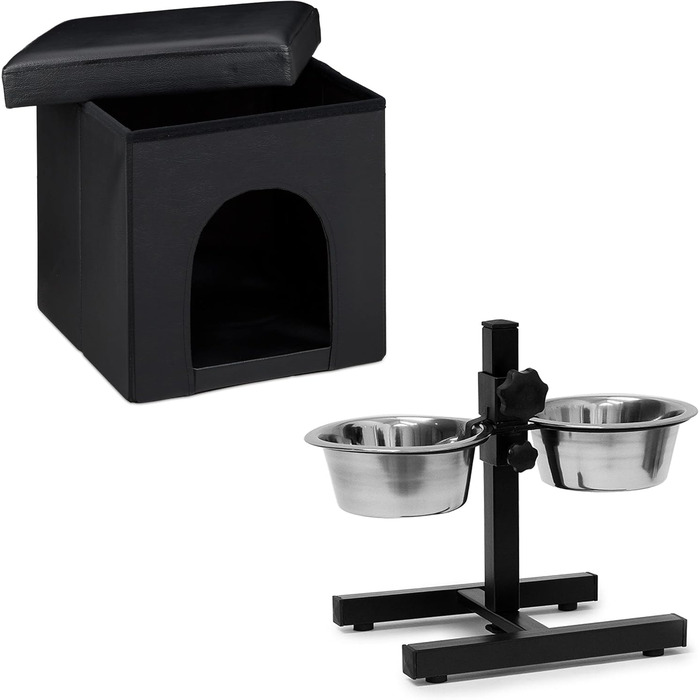 Комплект для собак Relaxdays Home Sweet Hund Deluxe L: лежак-стілець, будка, чорний, з подвійною регульованою мискою, фідер