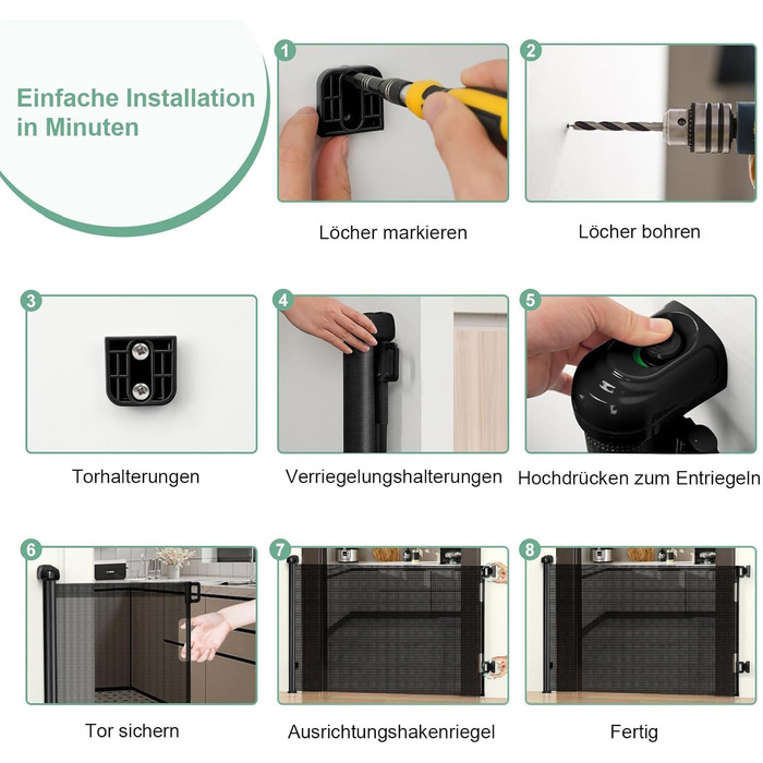 Захист для сходів з замком, висувний захист для дітей та собак, 150 см ширина, 83 см висота, автоматична засувка, чорний (140 см, без свердління)