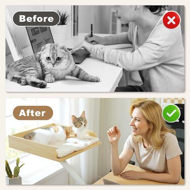 PAWZ Road: ліжко для кота на стіл, дерев'яне ліжко для котів, кошик для котів, 360° обертання та регулювання висоти, гамак для котів для дряпання, підтримує до 23 кг (Бежевий, прямокутне дерево)