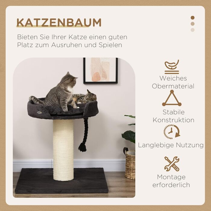 Когтеточка для великих котів PawHut XXL, стійке котяче дерево з лежаком, ігровий комплекс, сірий, з сизалевими стовпами та канатом
