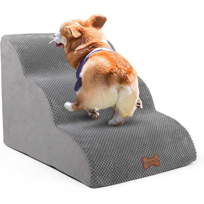 Сходинки для собак Caliyo, 3 сходинки, для маленьких собак, з високощільним губчастим матеріалом, знімний, washable cover, неслизьке дно (60 x 40 x 40 см, сірий)