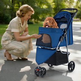 Візок для собак та котів COSTWAY, складна конструкція, до 15 кг, 3 колеса, з м'яким сидінням, регульованим козирком, ручкою, сітковими віконцями та кошиком, блакитний