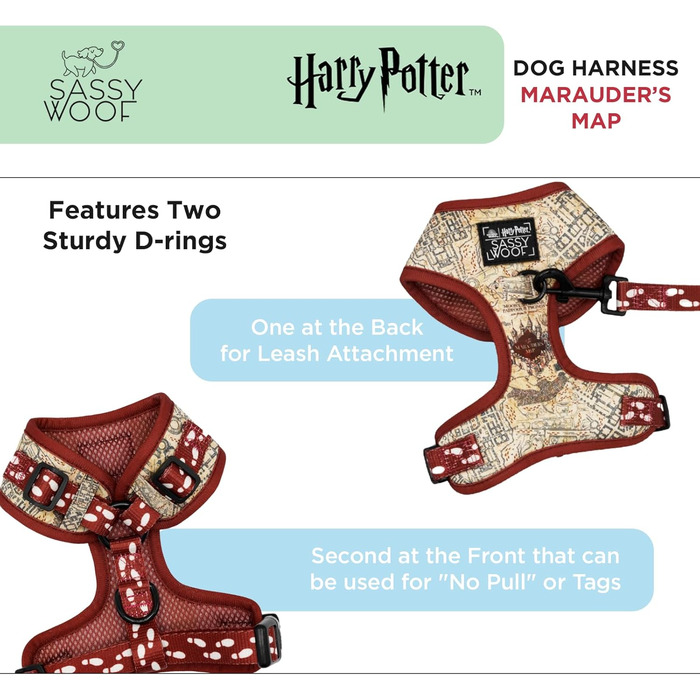 Регульована шлейка для собак Sassy Woof Harry Potter™ Marauder’s Map XL, дихаюча сітка, подвійний D-кільця, не тягне, для великих собак, офіційна