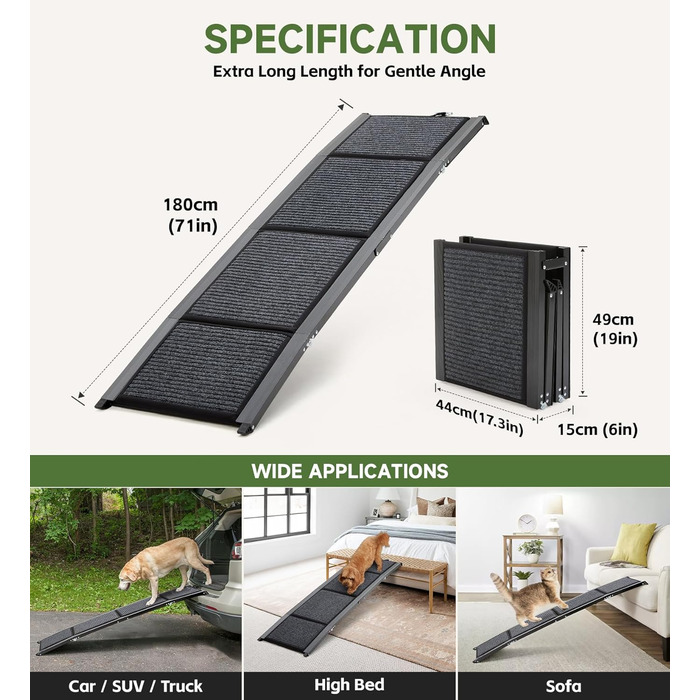 Рампа для собак, 170см, складана, з антиковзким покриттям, для собак середніх та великих порід (до 113.4 кг), легка та портативна, 180x44 см