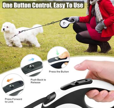 Висувна поводок для собак, 5 м, поводок-рулетка з ланцюгом, подвійний поводок для 2 собак, подовжений поводок для середніх та великих собак до 50 кг, білий та чорний, з пряжкою