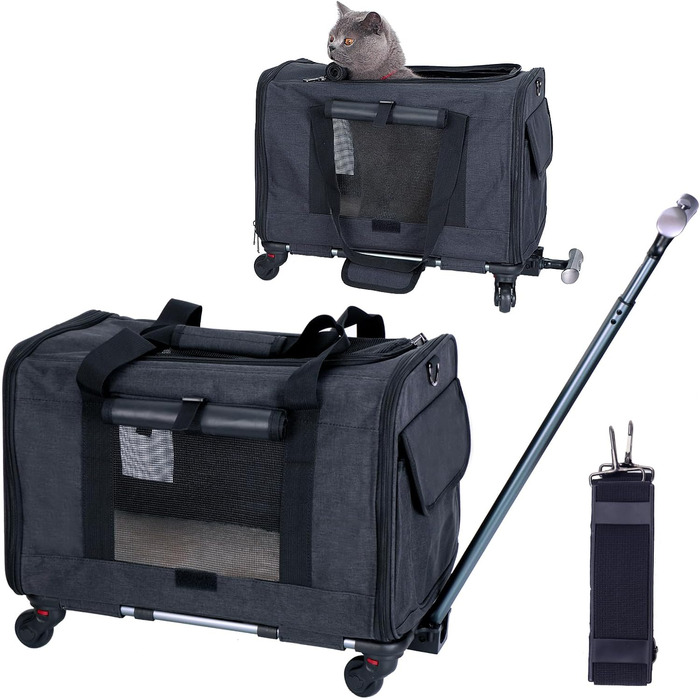 Транспортувальна сумка для домашніх тварин: собак та котів середніх та малих порід. Переноска для подорожей з телескопічним ручками та знімними колесами. Колір: темно-сірий