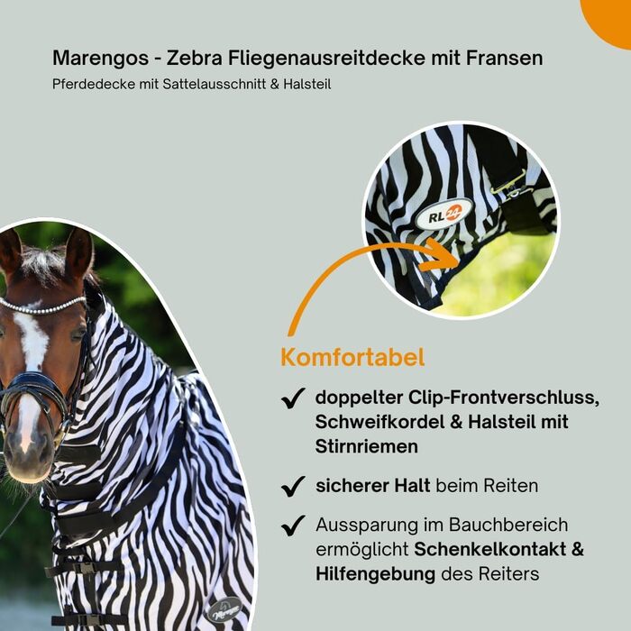 Деки для коней Marengos Zebra з бахромою, 155 см: захист від комах, з вирізом для сідла та начолею, чорно-білий колір, зовнішня деки для коней