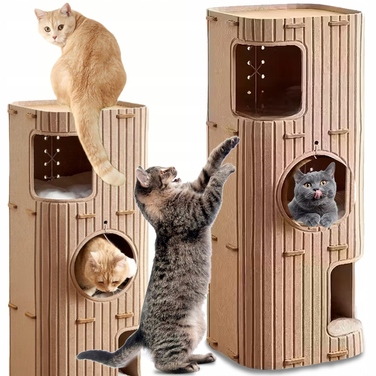 Великий ігровий комплекс для котів з когтеточкою та будиночком, 90x37x37 см, м'яка вежа-будка