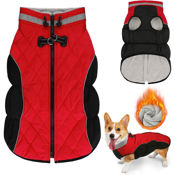 Зимова куртка для собак, водовідштовхувальна, тепла, м'яка, вітрозахисна. Куртка для собак з кріпленням для повідка, світловідбиваючі елементи, застібка-блискавка, регульована блискавка для маленьких та середніх собак (зелена, червона, XL)