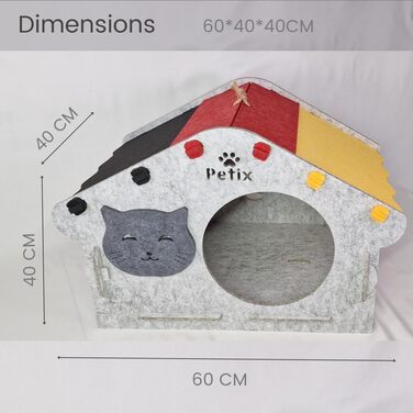 Будинок для котів Petix XXL 60×40×40 см, котяча хатка-ліжко для сну, ігор та хованок, великий м'який будиночок для котів, сірий