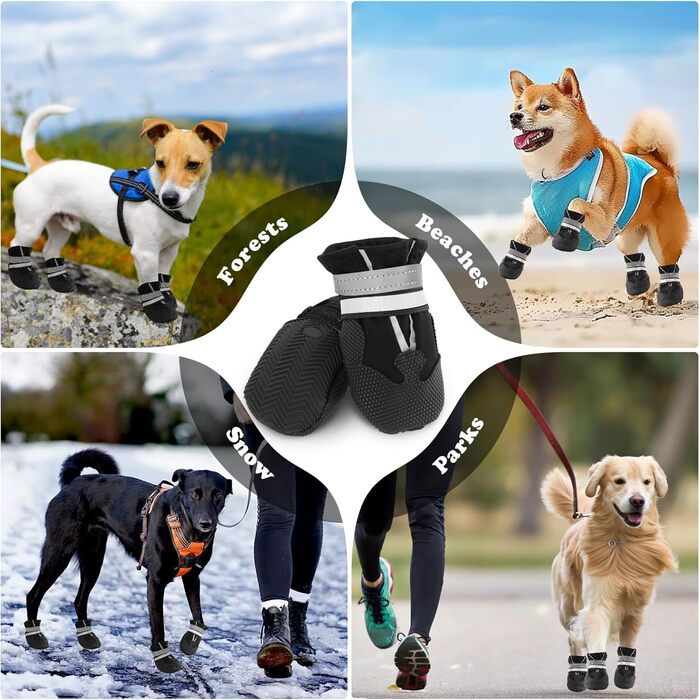 4 шт. собачі черевики, захист лап, водонепроникні собачі чоботи з світловідбиваючими ременями, регульовані, миючі, захисники лап для маленьких, середніх та великих собак, чорний