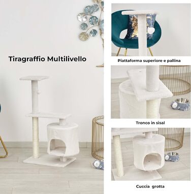 Baroni Home Когтеточка для котів і кошенят, 2-рівнева, з ігровим м'ячем і будиночком, 40x30x78 см, кремова