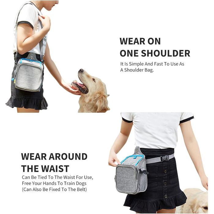 PETCUTE Сумка для тренування собак, міцна сумка для ласощів, сумка для перекусів для собак зі змінним плечовим ременем, поясний ремінь і кліпса (темно-сірий + сірий)