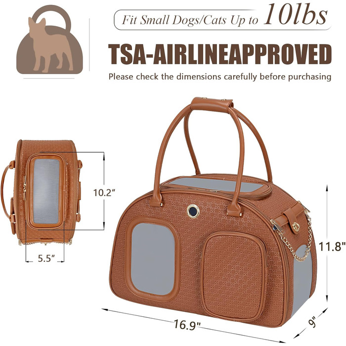 Стильна сумка-переноска для собак преміум-класу, для маленьких собак та цуценят, з вентиляцією, м'якими боковинами, з кишенею, 42.9 x 22.9 x 30 см (L x B x H), Колір: Коричневий