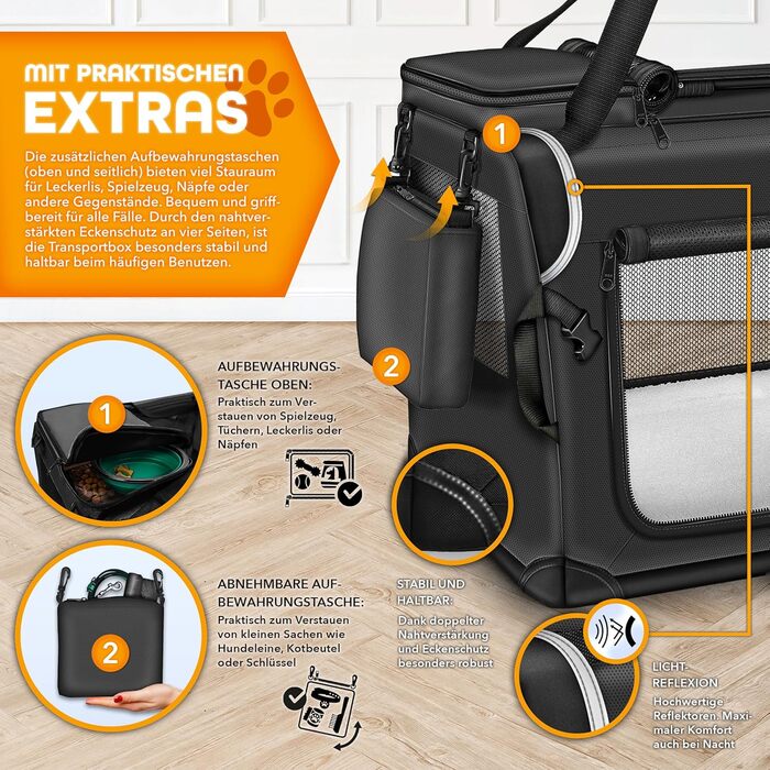 Трейлер для собак TRESKO® XXXL (102x69x69 см) з підкладкою, лопаткою та світловідбивачами | Переноска для собак та котів | Автомобільний трейлер для собак великих та малих порід | Міцна переноска для собак чорного кольору XXXL (102x69x69 см)