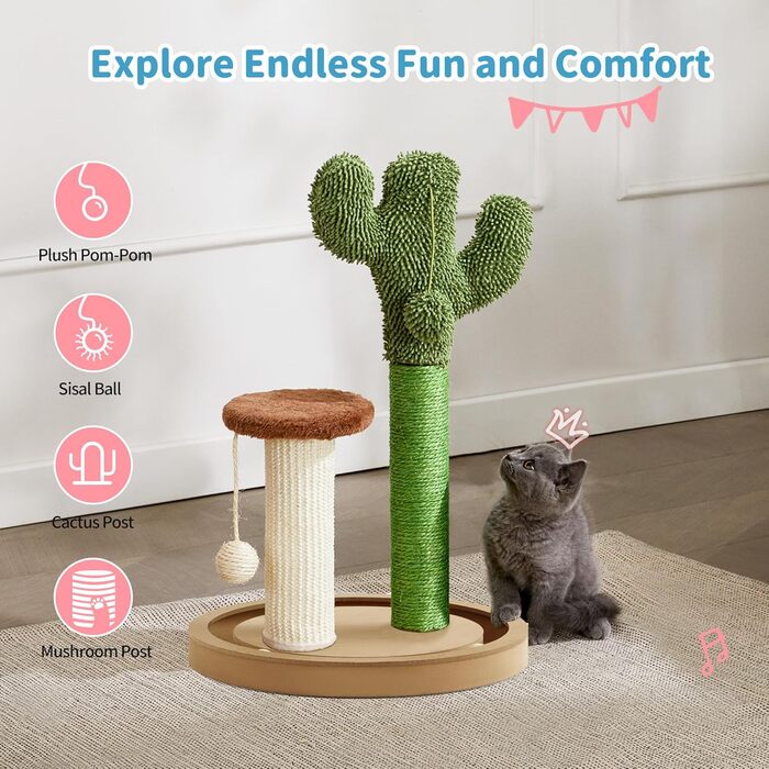 Когтеточка для котів Made4Pets Кaktus, 55,1 см, з сизалю, інтер'єрна, з ігровими кулями та дерев'яною основою для кошенят