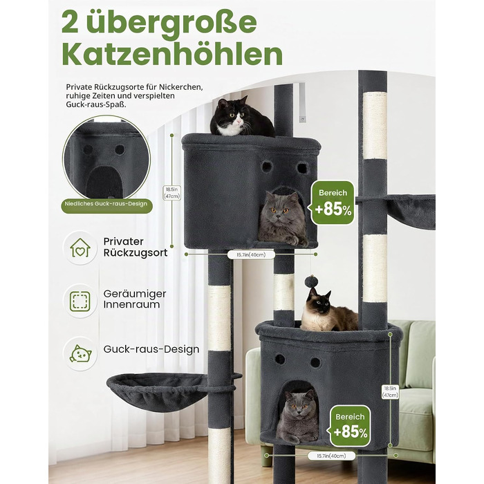 Комплексний котячий будинок Kratzbaum XL 170 см з сірим покриттям: ігровий комплекс для великих котів з дряпаками, будиночком, гамаком та м'ячиками