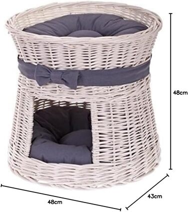 Кругла котяча хатинка e-wicker24 з плетеної лози, двоярусна, з подушкою та бантиком, котячий тур (кремово-сірий)