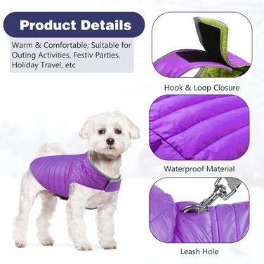 PETCUTE Зворотна куртка для собак, тепла зимова куртка-жилет для цуценят, водонепроникний одяг для домашніх тварин, регульована водонепроникна куртка для собак, поводок для собак з отвором для повідка, ідеальна для зими (S, фіолетовий+зелений)