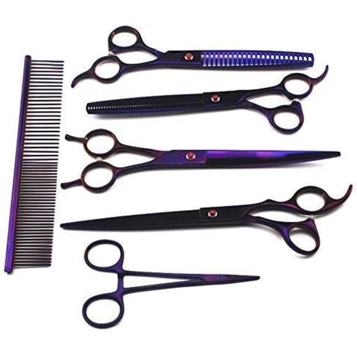 Набір професійних ножиць для грумінгу собак та котів (4 шт.): прямі, зігнуті, для стрижки та фінальної обробки. Виготовлені з нержавіючої сталі.