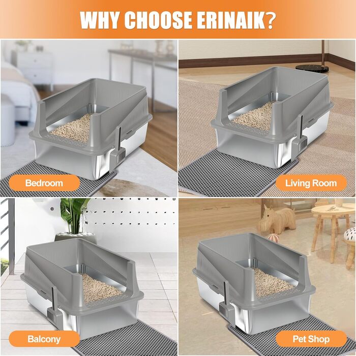 Квітковий горщик для котів Erinaik, нержавіюча сталь з кришкою, XL, для великих котів, білий/світло-сірий