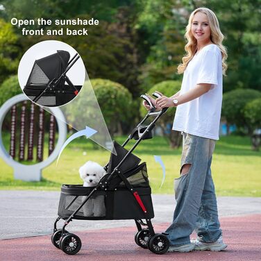 Транспортувальна візок для собак, легкий та складаний, з регульованим козирком, анти-вислизання, гальма та багажник (до 10 кг), чорний