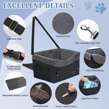 Автокрісло для собак PetsHome - підходить для маленьких собак, знімний, миючий, з кишенькою для зберігання, дихаюча тканина, страховка, регульовані ремені, чорний