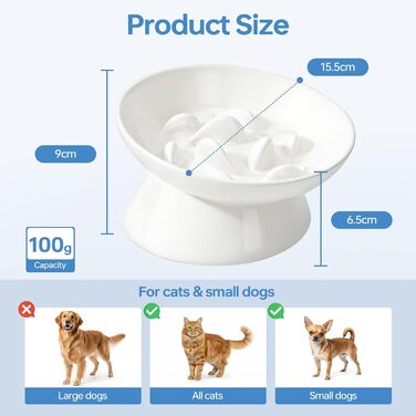Керамічна миска для котів з підняттям, протиковзаюча, для повільного годування, біла
