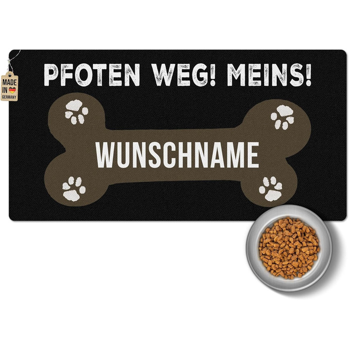 Персоналізована килимок для годування собак з іменем - Paw Away, Meins! - килимок для корму для собак, миючий, неслизький (80 x 40 см)