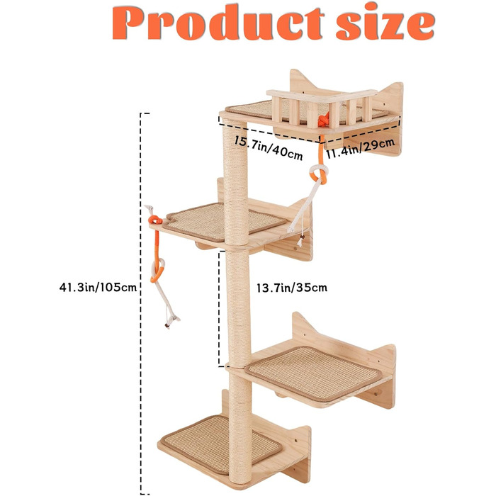 Кігтеточка на стіну MIUZMORE: 7 елементів, полиці та стійки з сизалю, кріплення, кігтешкреб для котів, компактні меблі для дому