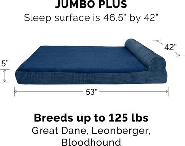 Ортопедичне ліжко для собак Furhaven Jumbo Plus/XXL: велике, з підголовником та знімним чохлом, до 56,7 кг, фліс та корд, Marineblau (135x107x24 см)