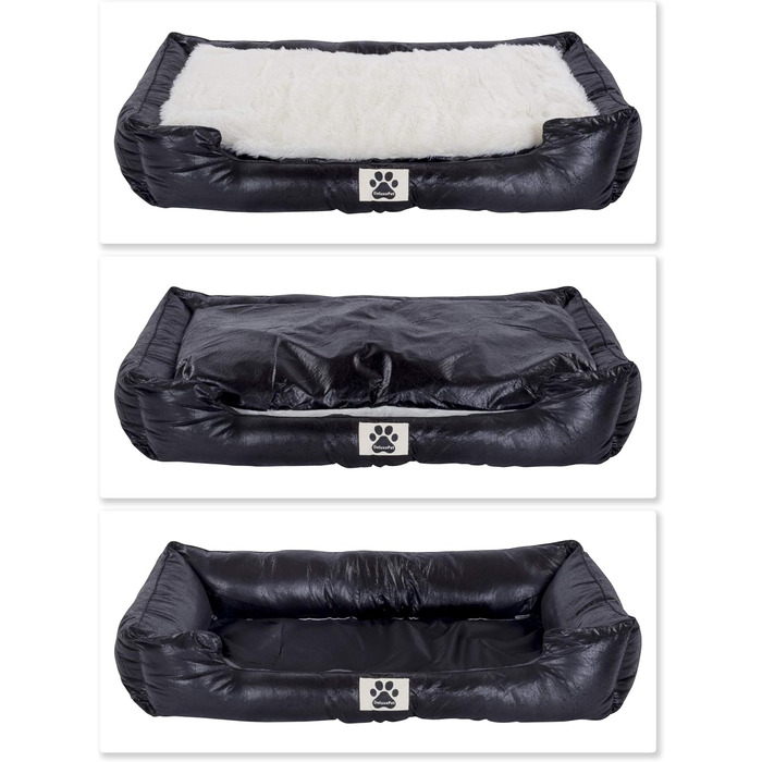 Крісло-ліжко для собак DeluxePet 'Schlummer' чорного кольору 100x70 см з штучної шкіри, 2в1 з двостороннім подушкою, для великих собак, з хутряною та шкіряною стороною, м'яке наповнення, антиковзаюча підкладка, розмір 100 x 70 см (середній)