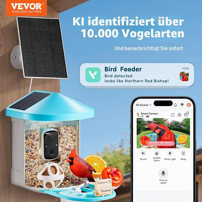 Годівниця для птахів VEVOR з камерою 2K HD, ШІ-розпізнаванням понад 10 000 видів птахів, сонячною панеллю, автоматичним записом та сповіщеннями (синя)