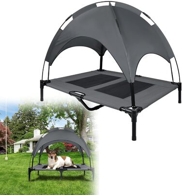 Підвищене ліжко для собак UISEBER 92x76x92 см, Outdoor, з дахом, до 50 кг, вологостійке, сіре + чорне【L】