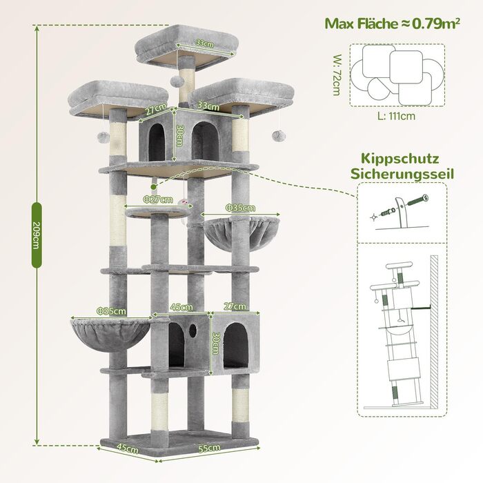 Драбина-кіготь Globlazer XXL 209 см з 3 м'якими стійками, 2 будиночками, 2 кошиками, великою платформою та іграшками для котів. Стабільна, для 3-5 котів.
