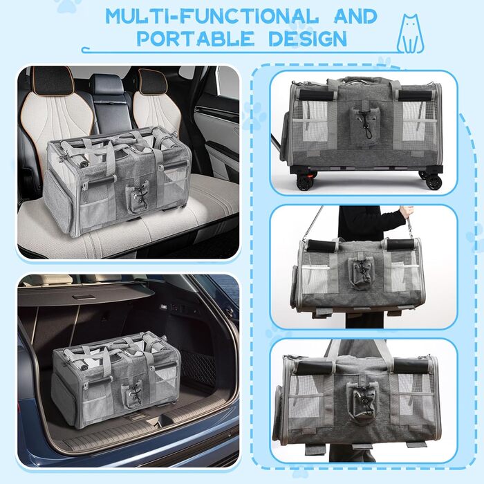 Велика переноска для тварин з двома відділеннями та колесами для кота/собаки, знімна складана переноска для 2 котів до 20 кг, вентильована переноска-рюкзак для котів для подорожей/походів/кемпінгу