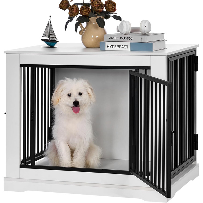 BEWISHOME Клітка для собак, 81 см, дерев'яна, з 3 дверцятами, біла, для дому, Beistelltisch (табличка), 81x55x67.5 см, EMGL03W