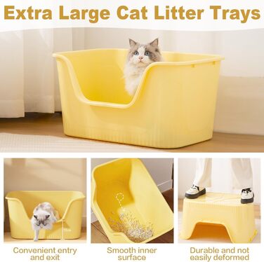 Відкритий лоток для котів Duscdesp, великий 64x45x33 см, без кришки, з високим бортиком, сірий, для великих котів та кошенят, захист від розбризкування